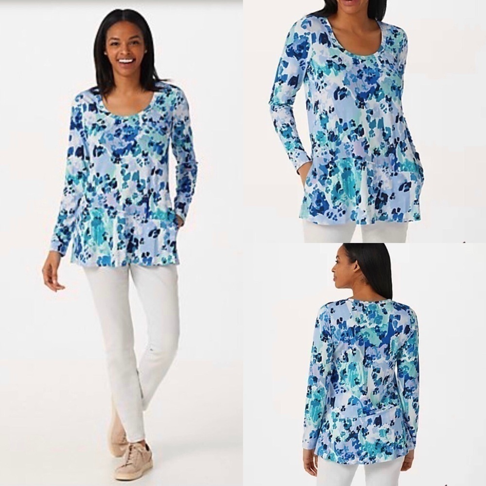 New Logo by Lori Goldstein Printed Rayon 230 Scoop Neck Top New Blue NWOT - Picture 9 of 9